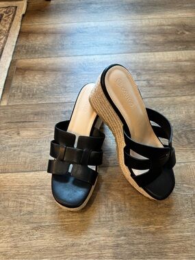Black Espadrille Wedge Slide Sandals by